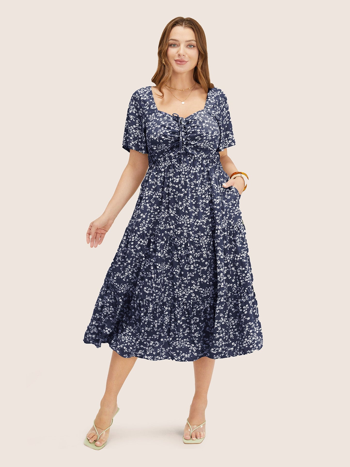 Ditsy Floral Drawstring Ruched Pocket Ruffle Tiered Dress