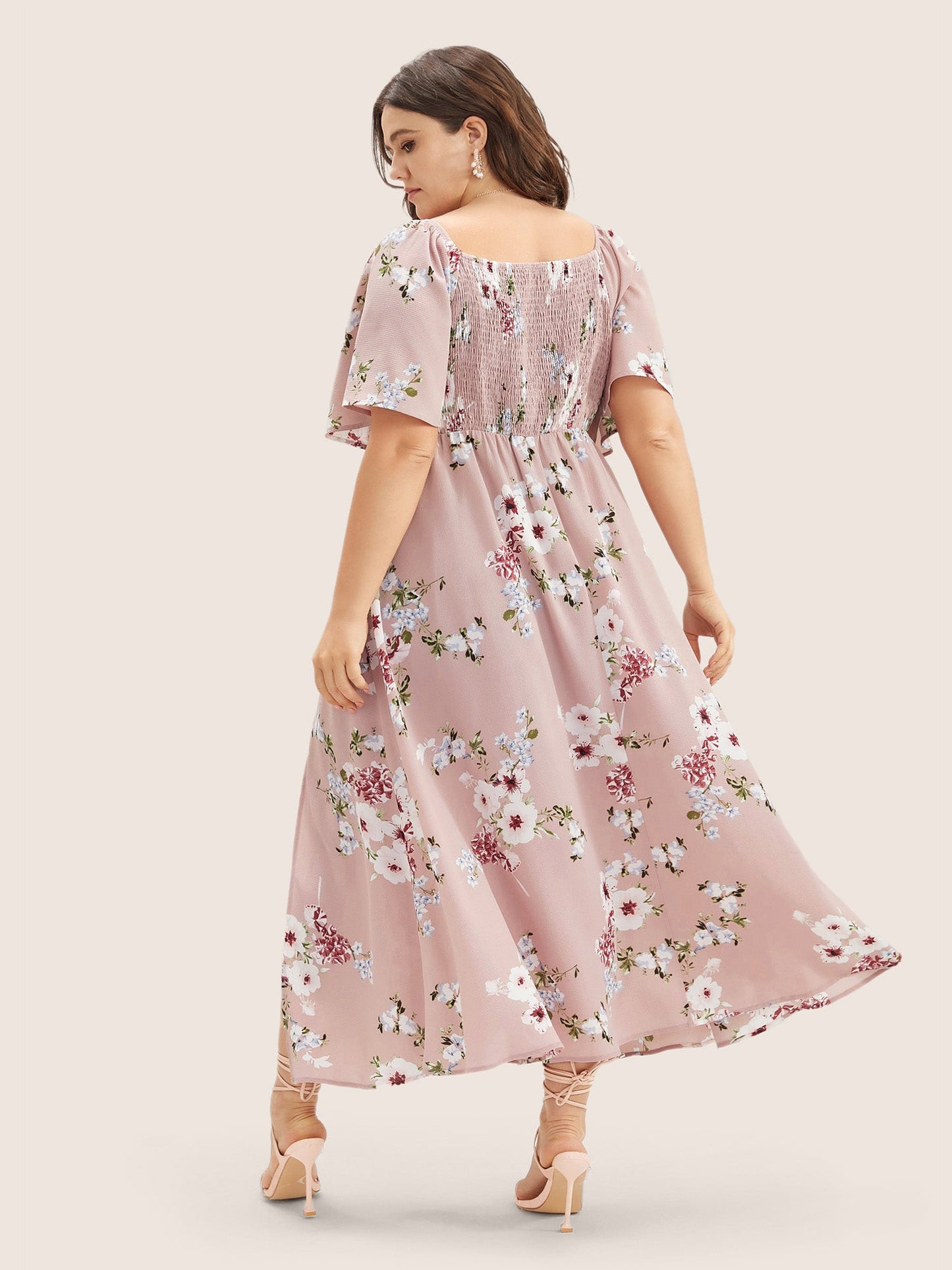 Floral Square Neck Ruffles Pocket Shirred Split Dress
