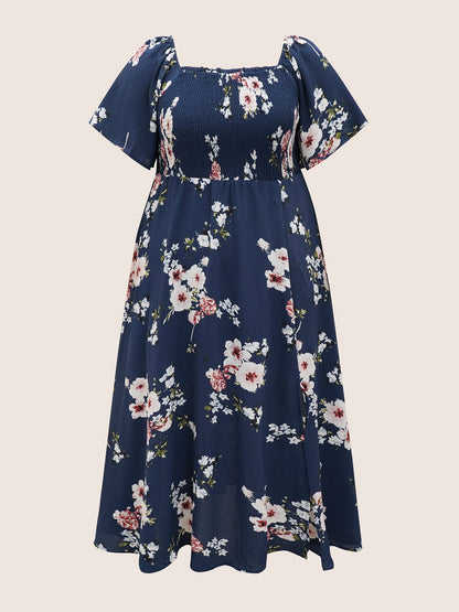 Floral Square Neck Ruffles Pocket Shirred Split Dress
