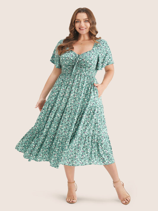 Ditsy Floral Drawstring Ruched Pocket Ruffle Tiered Dress