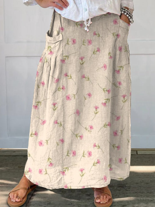 Vintage Pink Floral Print Women's Linen Pocket Skirt
