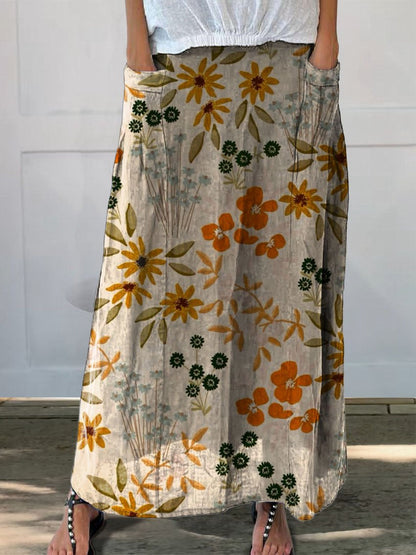 Women's Lovely Elegant Floral Art Pattern Print Linen Pocket Skirt