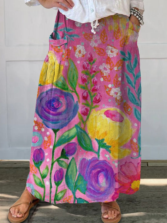 Colourful Floral Print Women's Linen Pocket Skirt