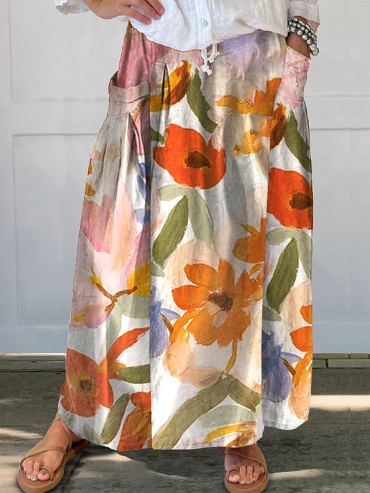 Women's  Floral  Print  Linen Pocket Skirt