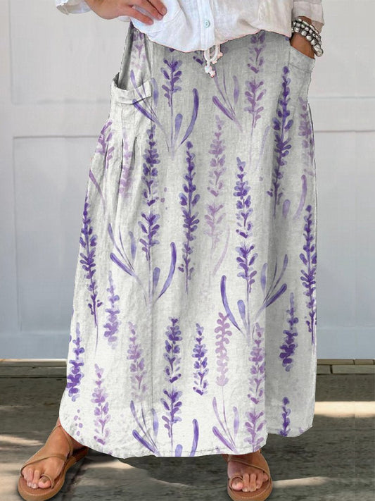 Watercolor Lavender Pattern Printed Women's Linen Pocket Skirt
